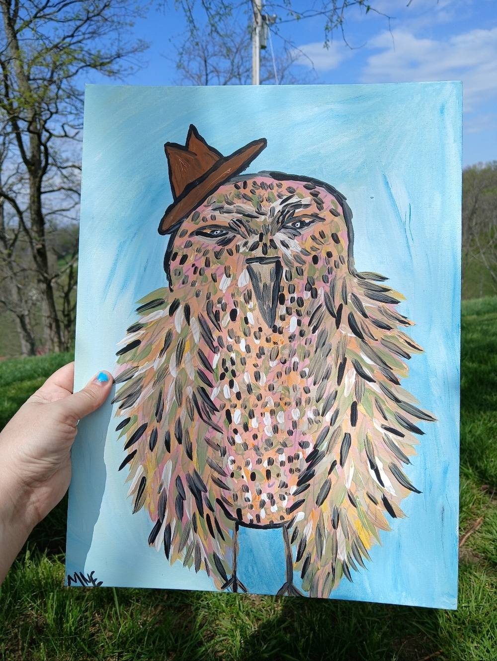 Owl In Hat Painting Folk Art